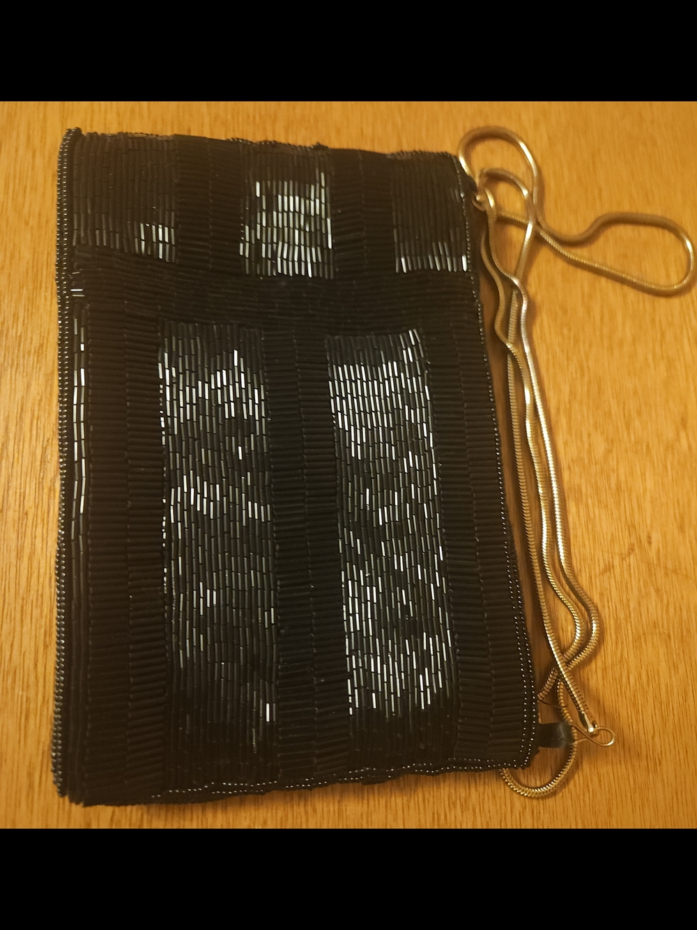 VINTAGE 1960s Jet Black Bugle Bead Envelope Clutch - Snake Chain - MINT